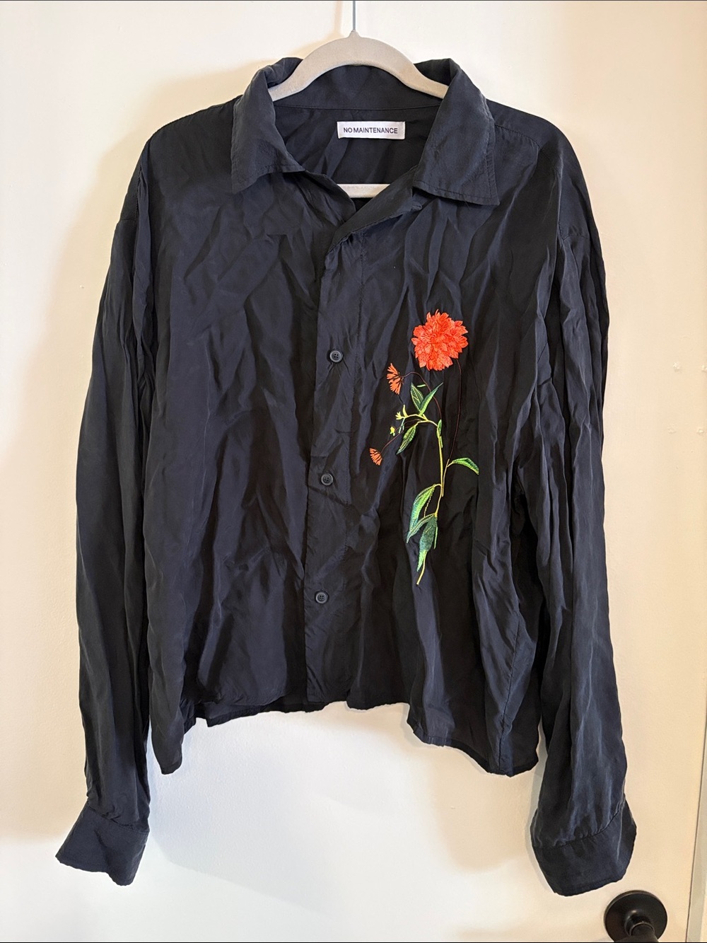 No Maintenance Black Button-Up Shirt with Red Floral Embroidery